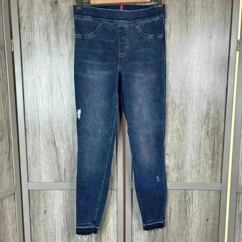 Spanx Jeans Medium Skinny Raw Ham Distressed Blue Color Tummy Control M